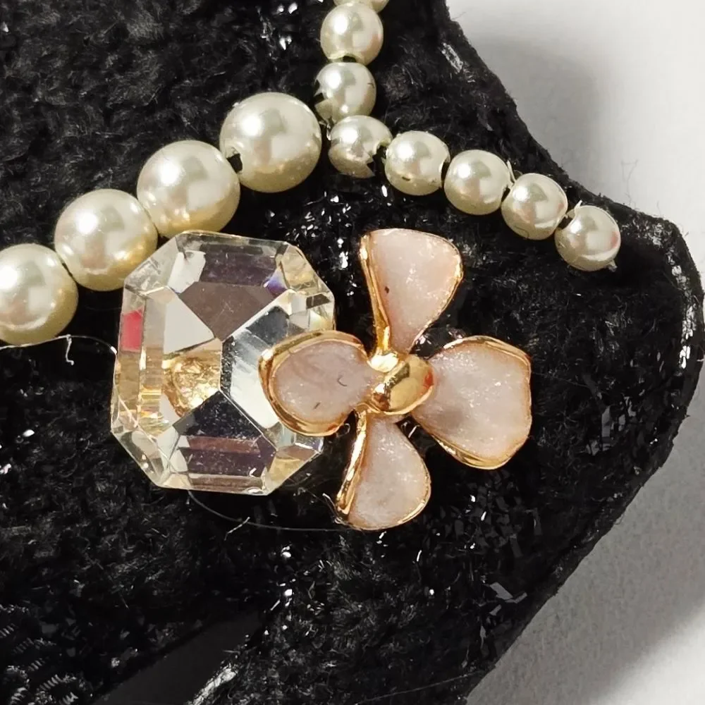 Black Blazer Brooch Pearl Rhinestone Bow Handbag Dangle Mini Couture Lapel Pin